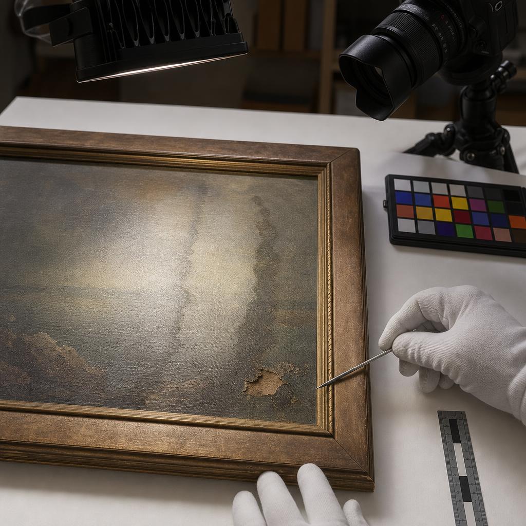 A damaged painting examined under raking light with a camera, colour reference chart and scale.