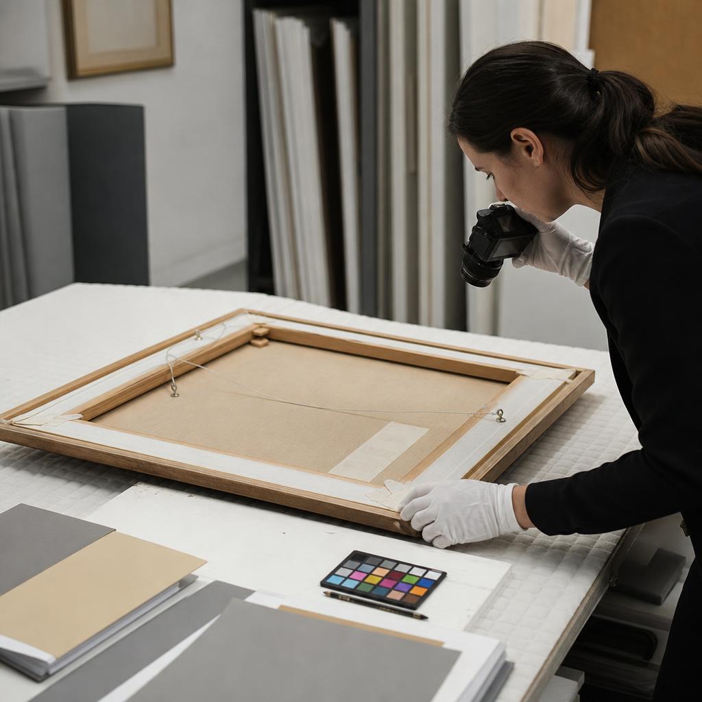 A white-gloved appraiser photographs the reverse of a framed artwork beside a colour reference chart.