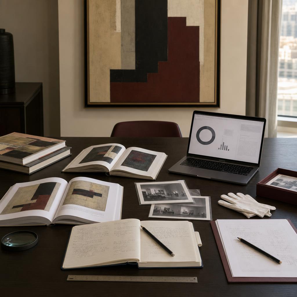 Fine-art market research in progress with catalogues, artwork records, appraisal notes and comparative data.